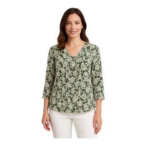 Fun2Fun Pleated Detail Blouse~Size X-Small~Green White Floral Top ~ L13 14